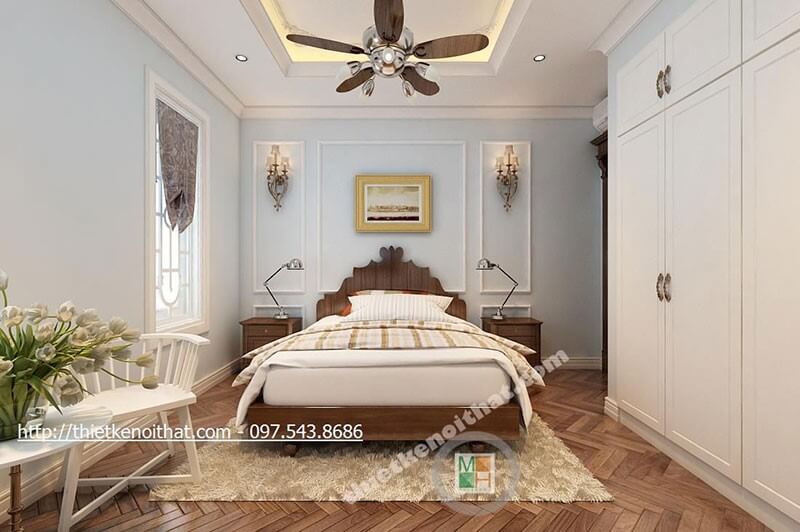 Phòng ngủ với nội thất gỗ tự nhiên và cách trang trí đèn, quạt tân cổ điển tạo cảm giác ấm cúng, sang trọng thiết kế biệt thự