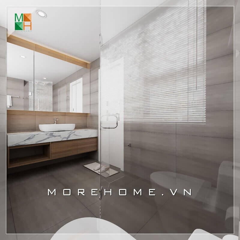 Kệ tủ để đồ gỗ kết hợp chậu rửa lavabo cao cấp hiện đại, thể hiện sự sang trọng cho không gian phòng tắm biệt thự. thiết kế biệt thự