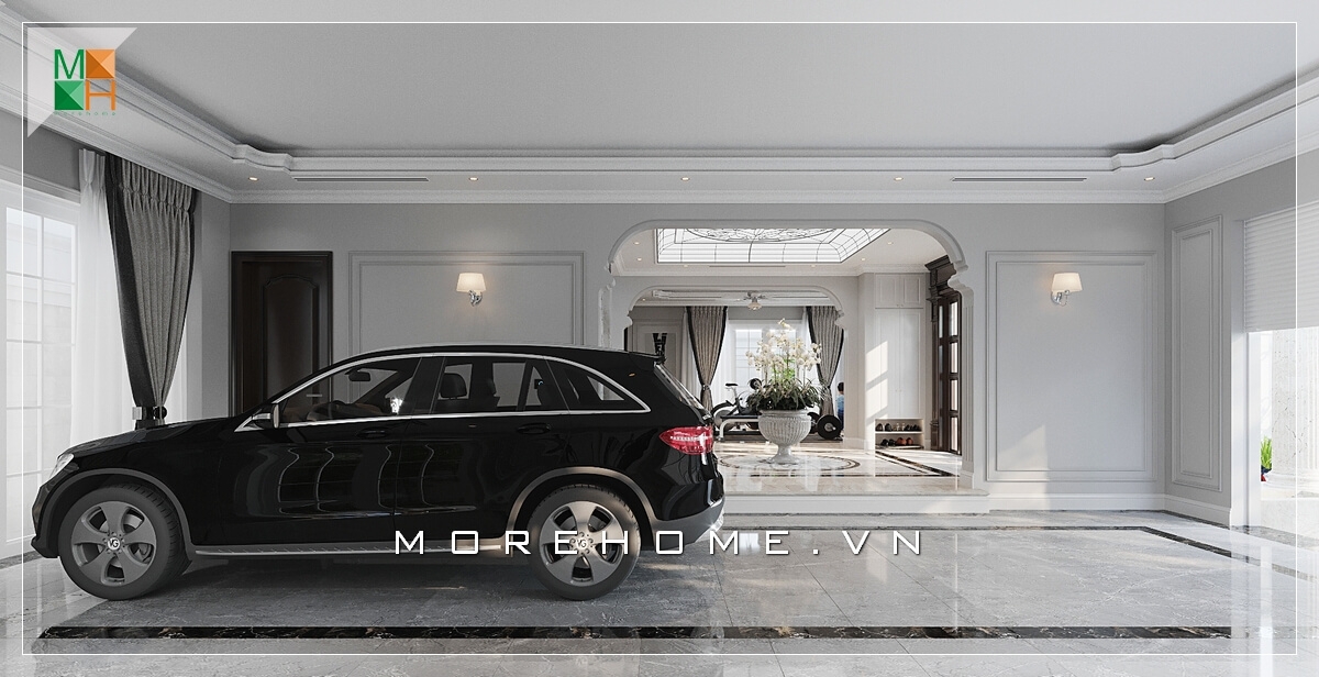 Mẫu thiết kế biệt thự hiện đại với gara để xe ô tô rộng nổi bật với tông màu trắng tinh tế thiết kế biệt thự