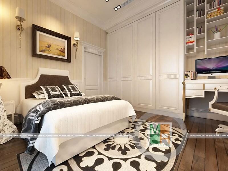 Thiết kế nội thất phòng ngủ với tone màu trắng chủ đạo cùng cách trang trí tân cổ điển ấn tượng tạo nên không gian ấm cúng, độc đáo Thiết kế biệt thự