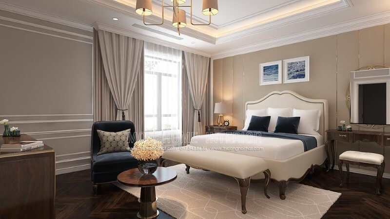 Thiết kế nội thất phòng ngủ tân cổ điển đẹp, sang trọng nổi bật với sắc trắng điểm nhấn từ bộ đôn, giường bọc nệm gỗ óc chó tự nhiên. thiết kế biệt thự