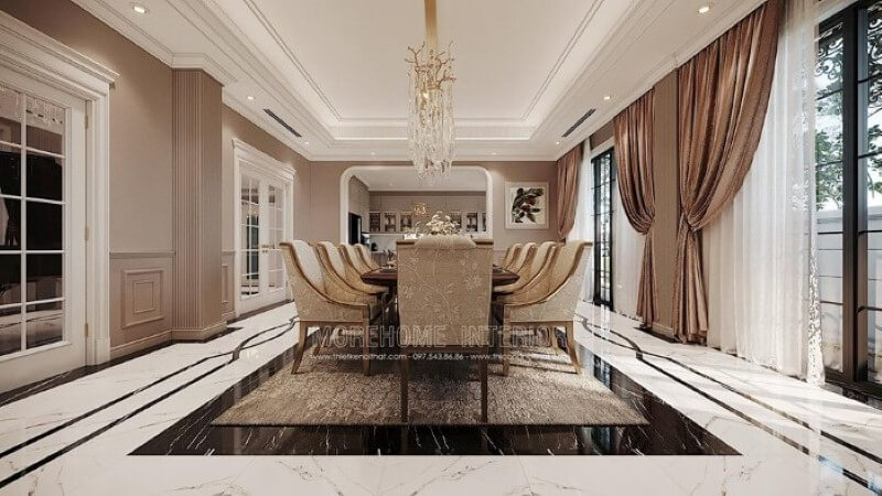Trang trí nội thất phòng ăn đẹp, sang trọng mang đậm dấu ấn phong cách đương đại nhẹ nhàng, tinh tế. thiết kế biệt thự