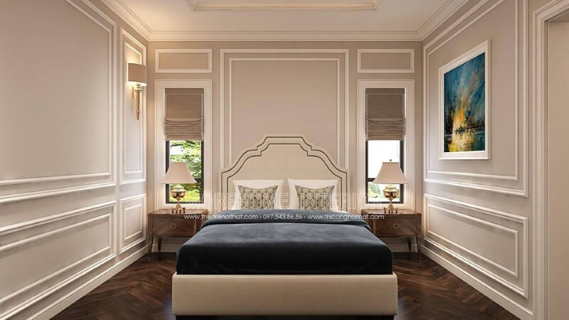 Thiết kế cửa sổ phòng ngủ ngay đầu giường giúp không gian luôn được thông thoáng. thiết kế biệt thự
