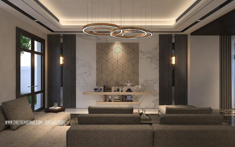 Thiết kế phòng khách hiện đại ấn tượng với đá ốp tường cao cấp cùng họa tiết 3D độc đáo. thiết kế biệt thự