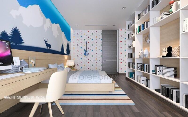 Kệ trang trí phòng ngủ con trai đẹp, độc đáo với thiết kế tủ kệ trang trí nhiều ngăn giúp không gian trở nên thông thoáng, đẹp mắt. thiết kế biệt thự