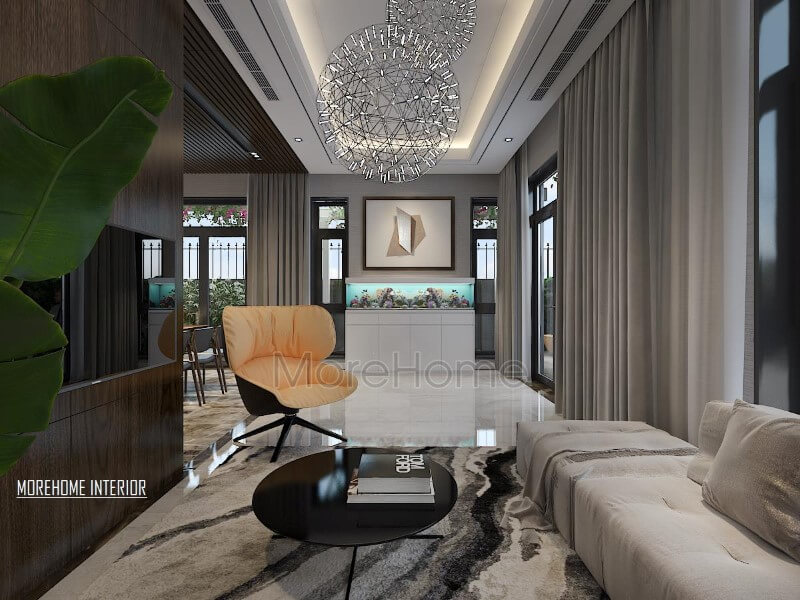 Bố trí nội thất phòng khách hiện đại tinh tế với bể cá phong thủy. thiết kế biệt thự