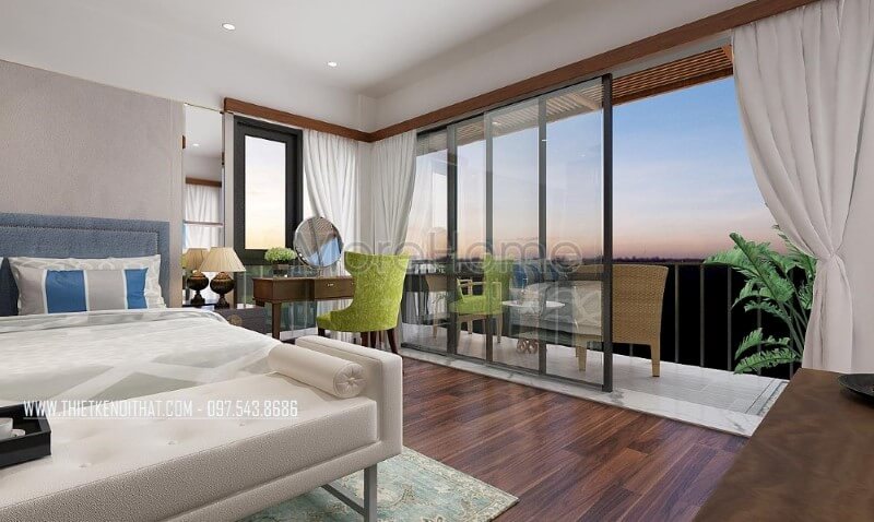 Trang trí nội thất phòng ngủ vợ chồng hiện đại có ban công thông thoáng, đẹp mắt. thiết kế biệt thự
