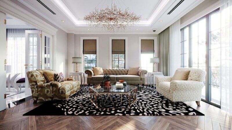 Bộ bàn ghế sofa văng tân cổ điển hoa văn đẹp mắt, sang trọng tạo điểm nhấn ấn tượng cho không gian. thiết kế biệt thự