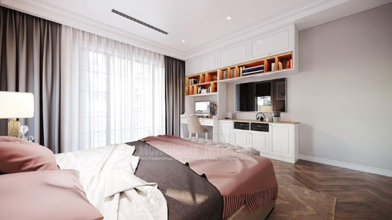 Bàn học liền kệ trang trí, kệ tivi, tủ đựng đồ tạo không gian đẹp, liền mạch, tối giản diện tích nhưng lại đảm bảo công năng hiệu quả cho phòng con. thiết kế biệt thự