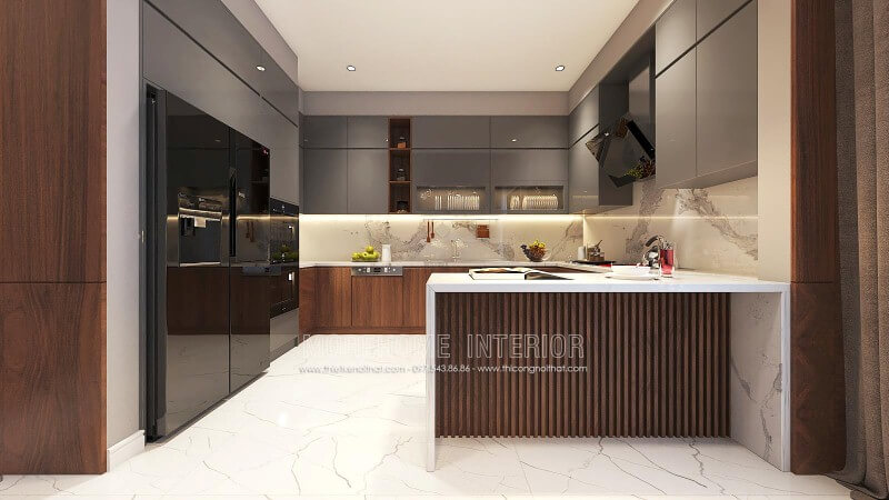 Trang trí nội thất phòng bếp đẹp từ gỗ acrylic cao cấp kết hợp cùng đá ốp bếp sang trọng. thiết kế biệt thự