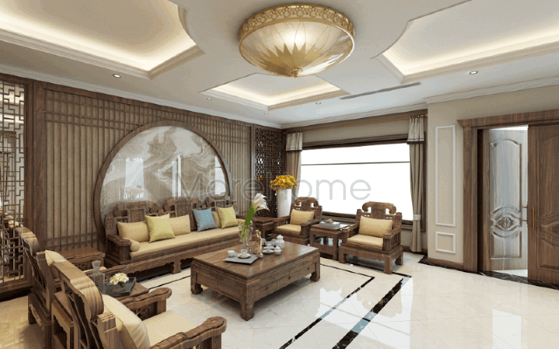 Đường vân uốn lượn sống động từ đá ốp tường cao cấp kết hợp cùng bức vách ốp tường hoa văn trang nhã góp phần tạo nên bức tranh phòng khách Á Đông tuyệt đẹp cho biệt thự Riverside Nguyễn Duy Trinh, Quận 2, Tp. Hồ Chí Minh. thiết kế biệt thự