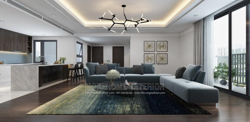 Sofa L bọc nỉ màu xanh nhạt mang lại cảm giác nhẹ nhàng, thanh thoát cho phòng khách Thiết kế biệt thự