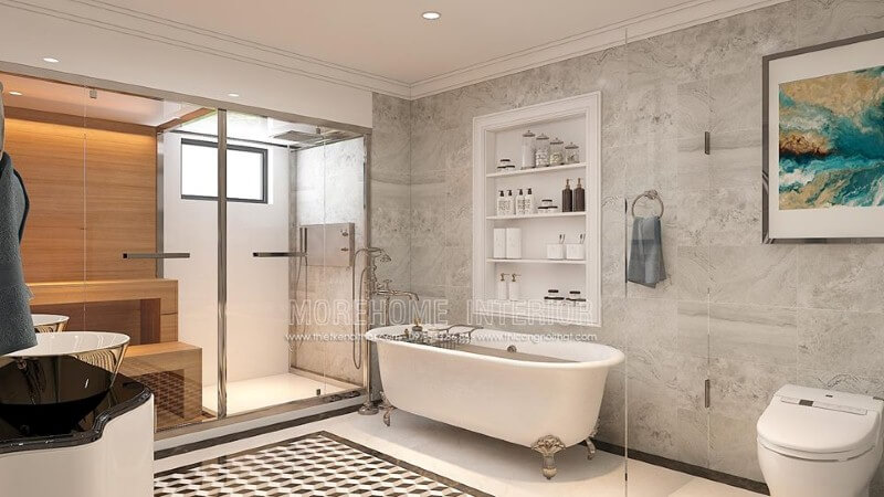 Đá ốp phòng tắm cao cấp, gạch lát nền giả cổ, bồn tắm trắng hoa văn cổ điển cùng vách tắm kính cường lực trong suốt đã tạo nên không gian phòng tắm thông thoáng, đẹp mắt và sang trọng. thiết kế biệt thự