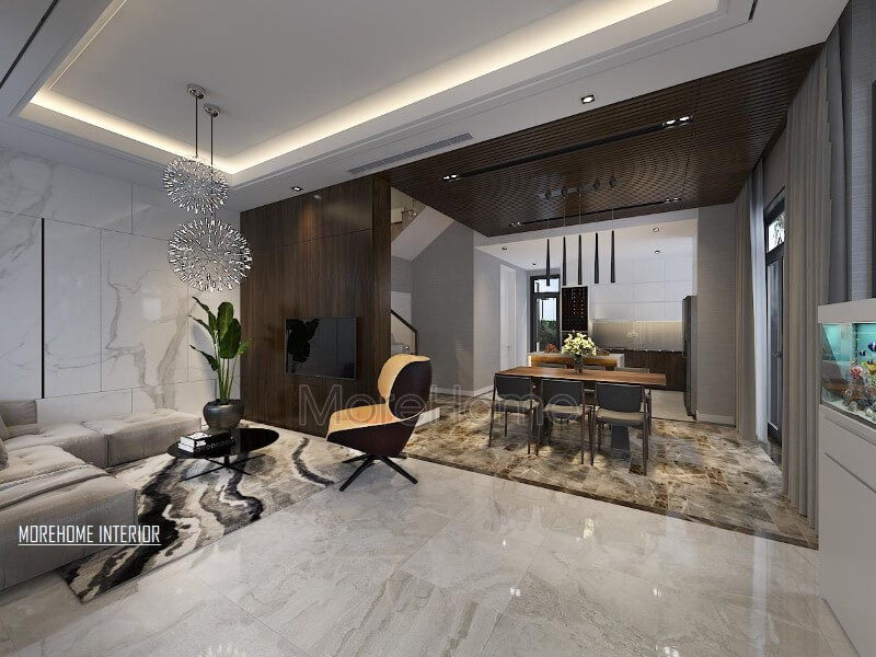 Mẫu thiết kế phòng khách liền bếp hiện đại, sang trọng với đá làn sát phòng ăn tạo không gian ngầm tách biệt giữa khách và bếp. Thiết kế biệt thự