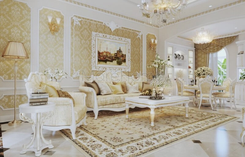 Thiết kế nội thất phòng khách biệt thự tân cổ điển được kiến trúc sư đầu tư tỉ mỉ về cả đường nét và màu sắc, thể hiện được đúng cái Thiết kế biệt thự