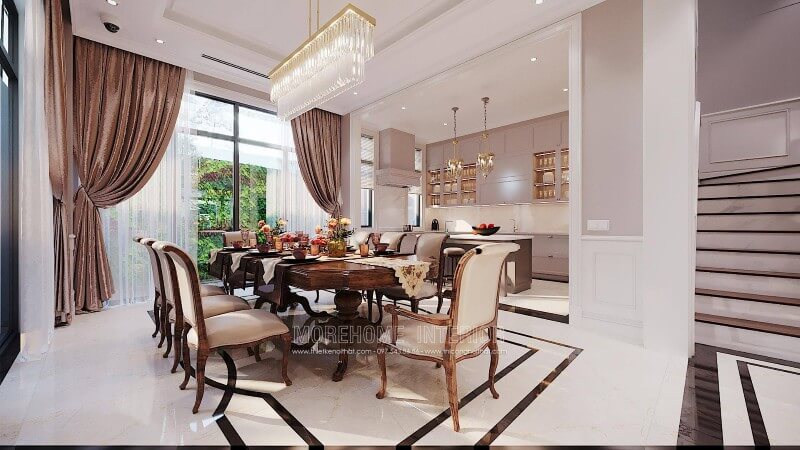 Thiết kế phòng ăn gỗ óc chó nhập khẩu đẹp cho biệt thự Ciputra Tây Hồ Hà Nội thiết kế biệt thự