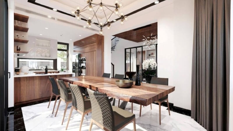 Sẽ là một gợi ý tuyệt vời với sự có mặt tủ bếp gỗ óc chó veneer nâu trầm kết hợp gam màu trắng sáng, long lanh từ tủ bếp trên gỗ công nghiệp An Cường acrylic và mặt bàn bếp đá nhân tạo gốc thạch anh. Sự tương phản giữa 2 sắc màu sẽ là ý tưởng tuyệt vời cho bố trí nội thất phòng bếp hiện đại cho không gian nhà phố, biệt thự. Thiết kế tủ bếp biệt thự sang trọng