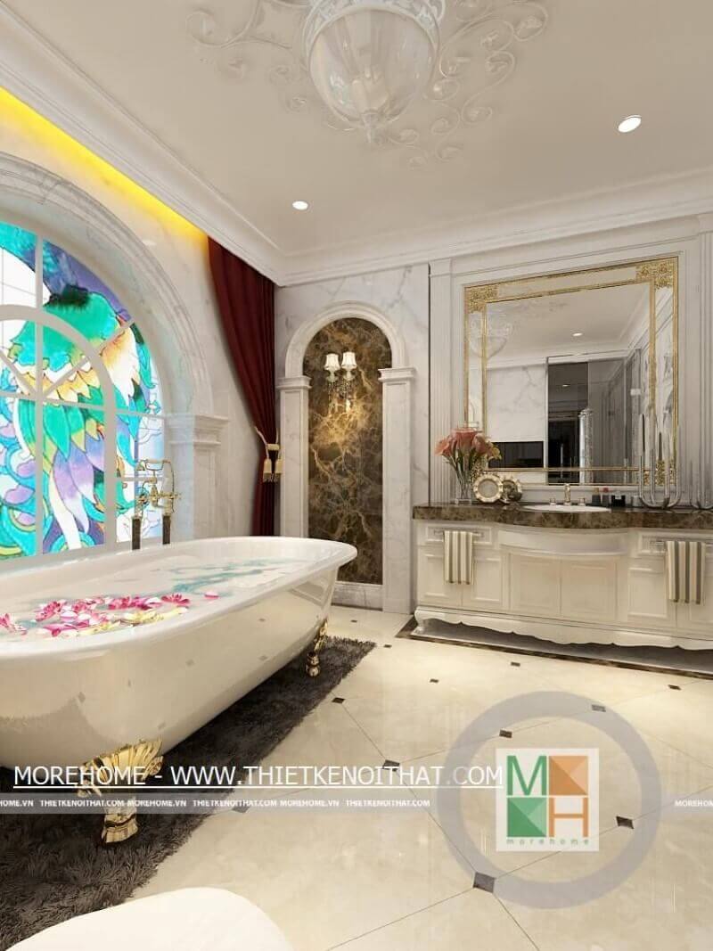 Thiết kế phòng tắm sang trọng có bồn tắm, đường nét trang trí theo phong cách tân cổ điển cao cấp cho nhà biệt thự Thiết kế biệt thự
