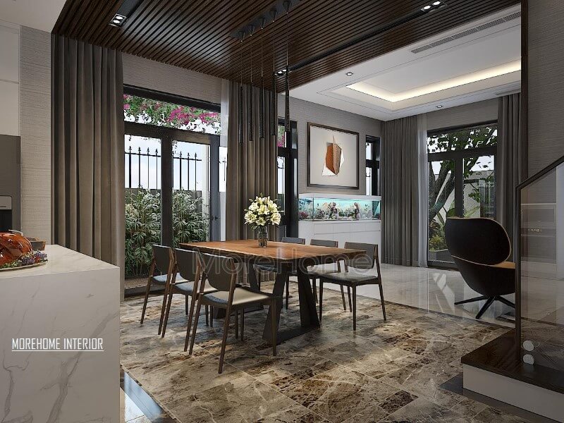 Trang trí phòng ăn hiện đại, sang trọng với sự phá cách trong vật liệu trang trí từ đá lát sàn, gỗ ốp tường hay bàn gỗ óc chó nguyên tấm. Thiết kế biệt thự