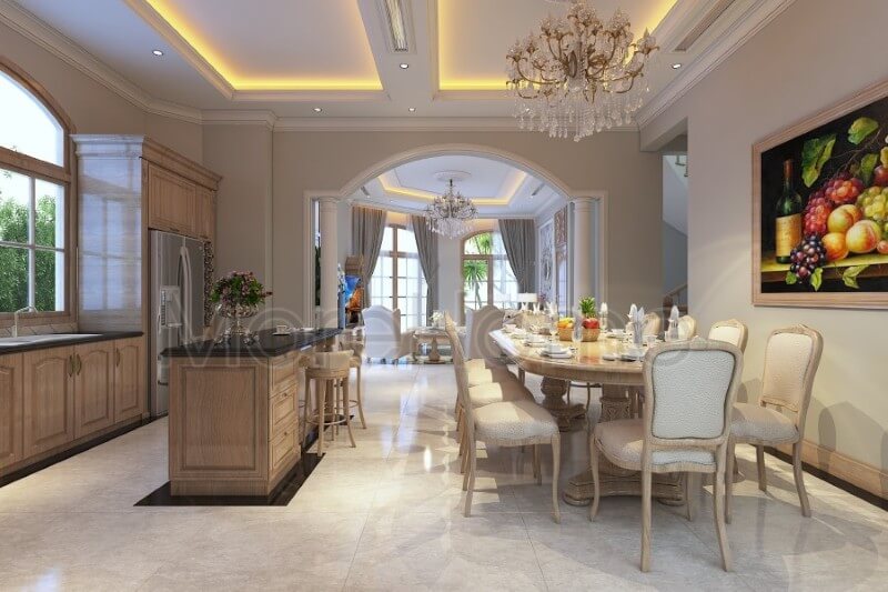 Thiết kế nội thất phòng ăn liền kề với khu vực nhà bếp giúp cho gia chủ thuận tiện nhất trong việc nấu nướng, dùng bữa nhanh chóng, ngon miệng hơn Thiết kế biệt thự