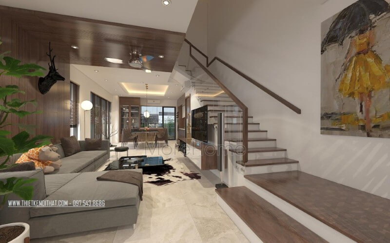 Sự kết hợp hài hòa giữa ánh sáng tự nhiên và ánh sáng nhân tạo giúp mang lại sự hài hòa và cân bằng cho thiết kế cũng như tạo độ thoáng hơn cho căn biệt thự hẹp về chiều ngang này thiết kế biệt thự