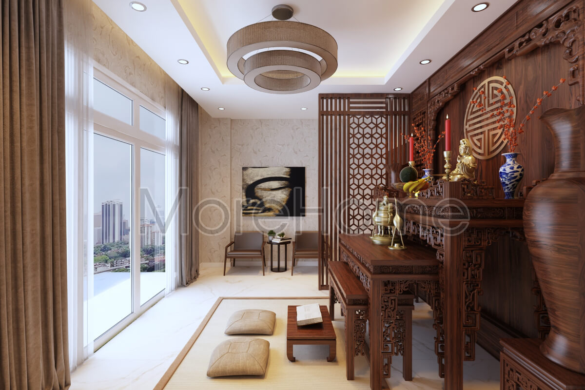 Thiết kế phòng thờ gỗ tự nhiên cao cấp được chạm khắc 6D với đường gỗ mịn sơn bằng sơn alkana thiết kế biệt thự