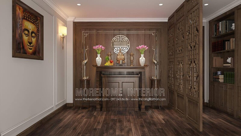 Thiết kế nội thất phòng thờ phật quan âm gỗ tự nhiên mang đến sự tôn nghiêm thiết kế biệt thự