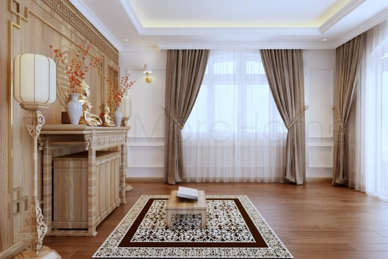 Không gian thờ cúng tâm linh được thiết kế hiện đại, vừa đảm bảo tính thẩm mỹ mà vẫn tuân theo những nguyên tắc cơ bản trong phong thủy thiết kế biệt thự