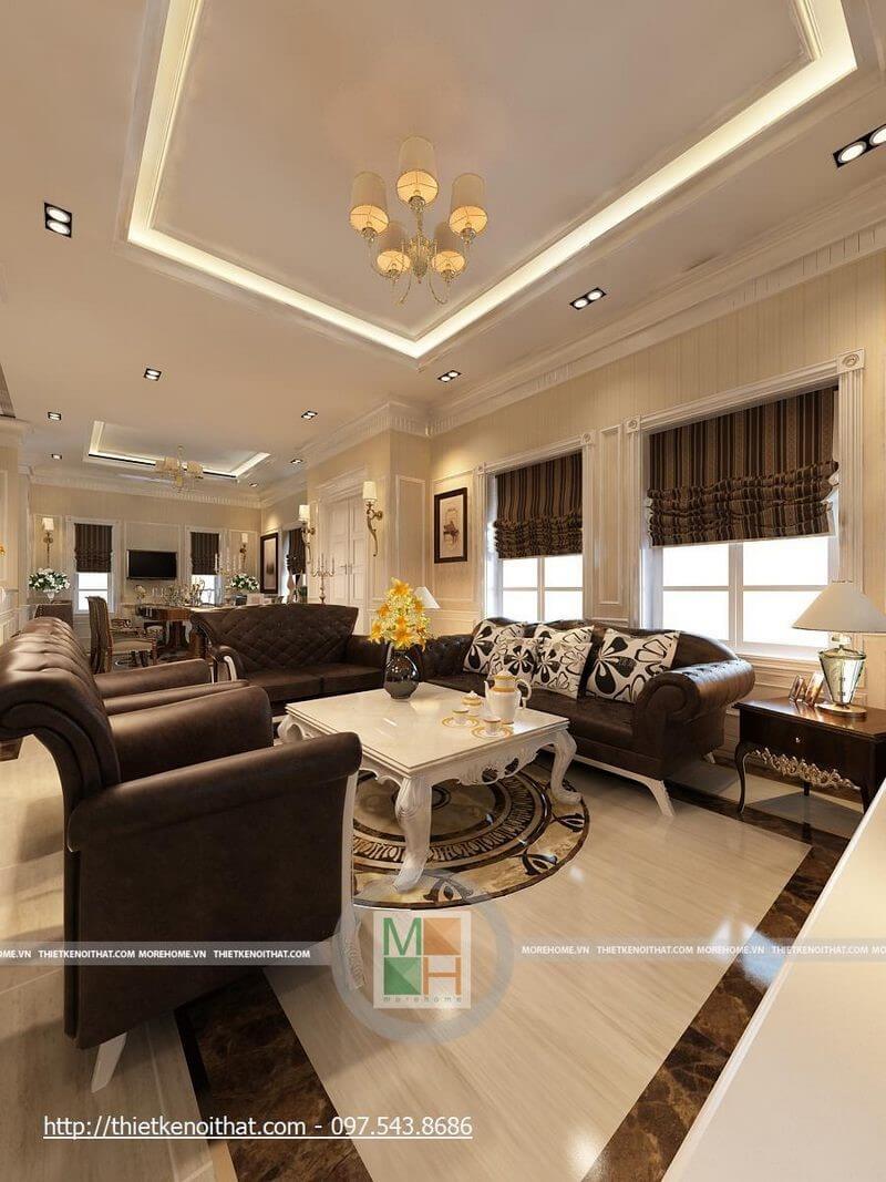 Mẫu sofa tân cổ điển bọc da màu nâu trầm tạo điểm nhấn cho thiết kế phòng khách sang trọng Thiết kế phòng khách biệt thự