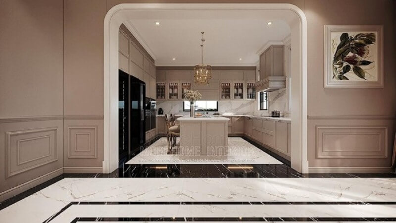 Sắp xếp nội thất phòng bếp chữ U phong cách đương đại đẹp, sang trọng tại biệt thự cao cấp Hải Phòng. thiết kế biệt thự