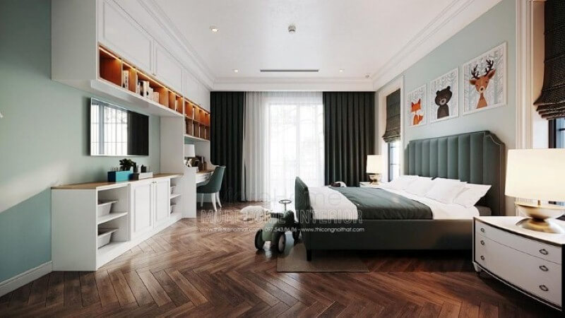 Bàn học liền kệ tivi, kệ trang trí đẹp cho phòng bé trai. thiết kế biệt thự
