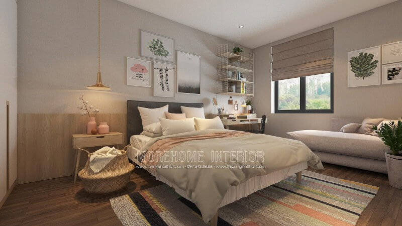 Trang trí phòng ngủ ấn tượng với cách trang trí độc đáo từ những mảng lớn đơn sắc kết hợp cùng họa tiết điểm nhấn tạo nên nét đẹp sinh động, trẻ trung cho không gian. thiết kế biệt thự