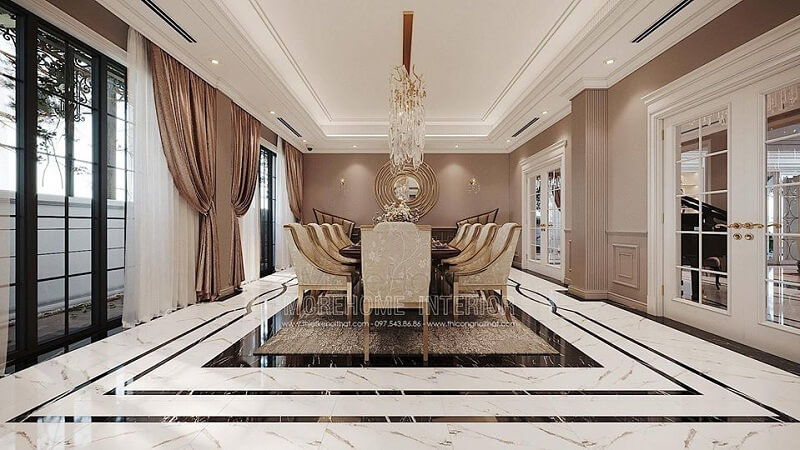 Thiết kế phòng ăn biệt thự sang trọng với bộ bàn ăn tân cổ điển bọc nỉ tạo điểm nhấn nổi bật, cuốn hút mọi ánh nhìn thiết kế biệt thự