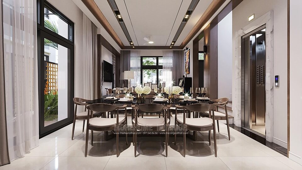Bộ bàn ăn 6 ghế gỗ óc chó đẹp, hiện đại tinh tế cho nhà biệt thự Starlake Tây Hồ Hà Nội thiết kế biệt thự