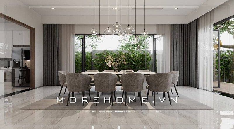 Mẫu thiết kế nội thất phòng ăn biệt thư với bộ bàn ghế ăn gỗ cao cấp tạo điểm nhấn bật cho không gian căn nhà thiết kế biệt thự