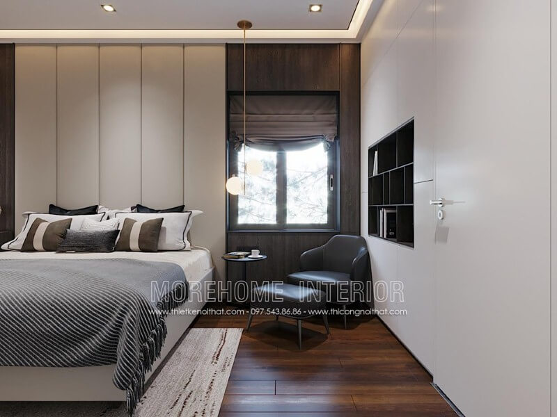 Thiết kế nội thất phòng ngủ đẹp sang trọng ấn tượng với không gian đọc sách từ chiếc tủ khép kín với khoảng hở đúng chỗ. thiết kế biệt thự