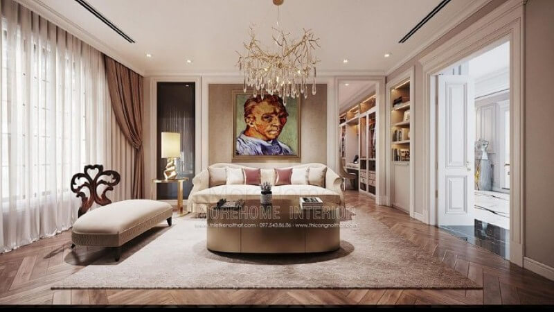 Tranh canvans treo tường chân dung họa sĩ Van Gogh nổi tiếng tạo điểm nhấn ấn tượng cho phòng giải trí trong phòng ngủ. Thiết kế biệt thự