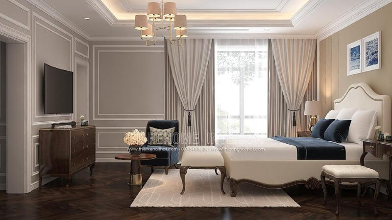 Bố trí nội thất phòng ngủ master gỗ óc chó mang phong cách tân cổ điển sang trọng, độc đáo. Thiết kế biệt thự
