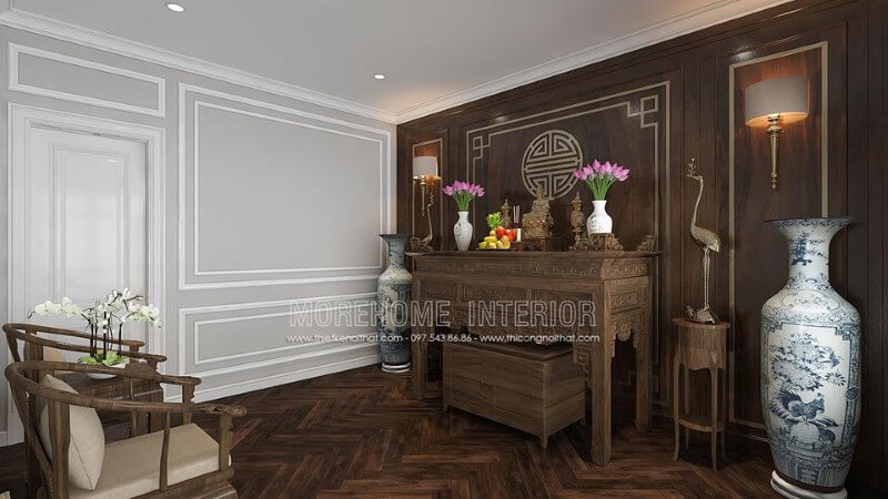 Trang trí nội thất phòng thờ gỗ óc chó đẹp sang trọng ấn tượng từ nội thất gỗ óc chó cao cấp cùng cách kết hợp đồ khéo léo từ tủ thờ, tấm ốp tường chữ Thọ, kệ trang trí, bộ ghế bành đẹp mắt. thiết kế biệt thự