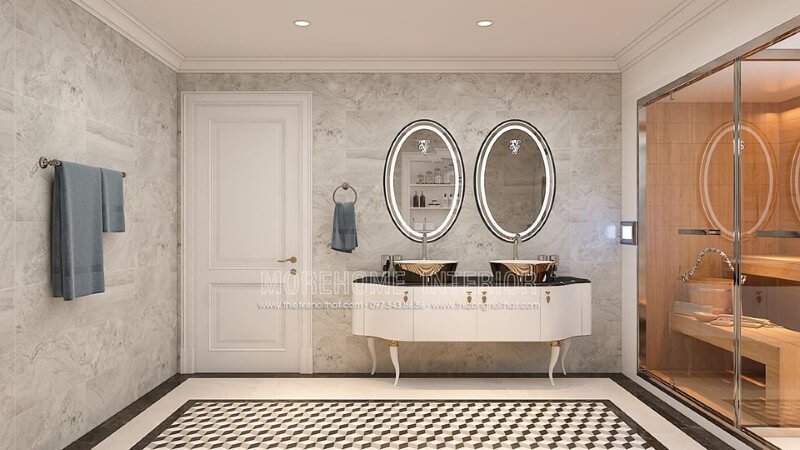 Trang trí phòng tắm ấn tượng với gương đèn led hắt sáng hình elip cao cấp. thiết kế biệt thự