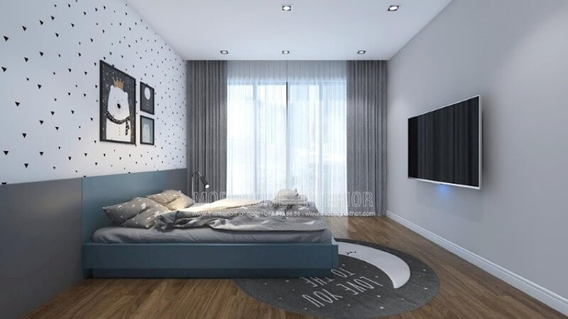 Ý tưởng trang trí phòng bé đơn giản với cửa lớn cùng rèm 2 lớp giúp phòng bé luôn tràn trề sinh khí nhưng vẫn giảm thiểu tối đa sức nóng ngày hè oi ả. thiết kế biệt thự