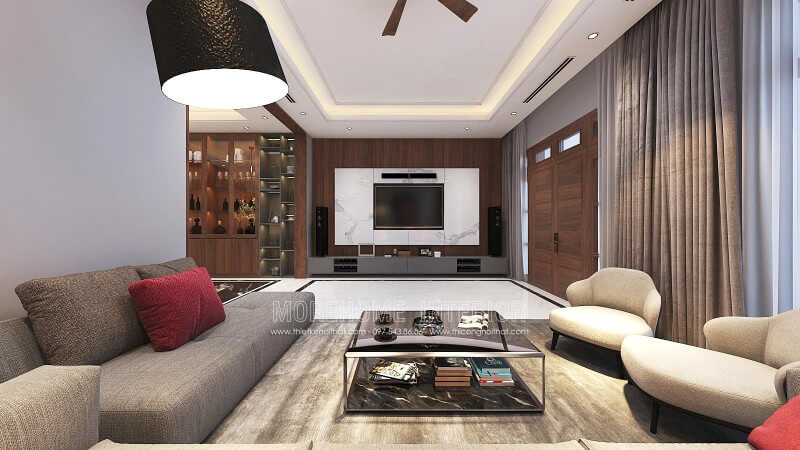 Thiết kế tường phòng khách đẹp với điểm nhấn từ đá trắng vân mây kết hợp cùng gỗ ốp tường cao cấp. thiết kế biệt thự