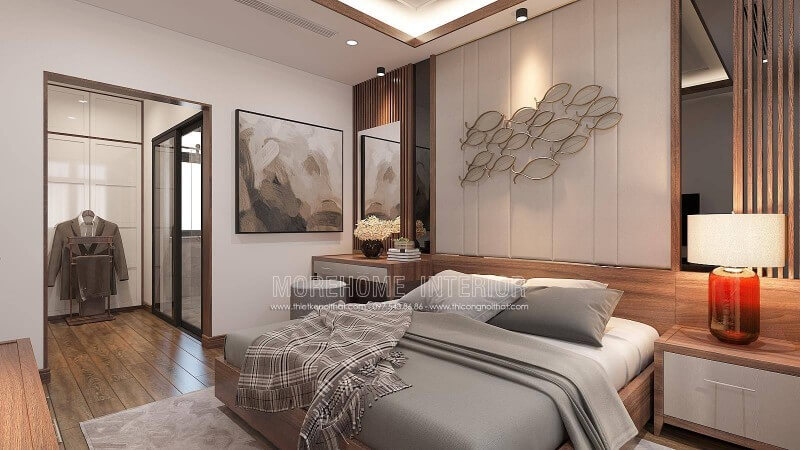 Thiết kế nội thất phòng ngủ nam khép kín cùng một khoảng diện tích vừa phải thuận tiện cho việc thay đồ là một ý tưởng khá độc đáo trong biệt thự hiện đại Vinhomes Imperia Hải Phòng. Thiết kế nội thất biệt thự