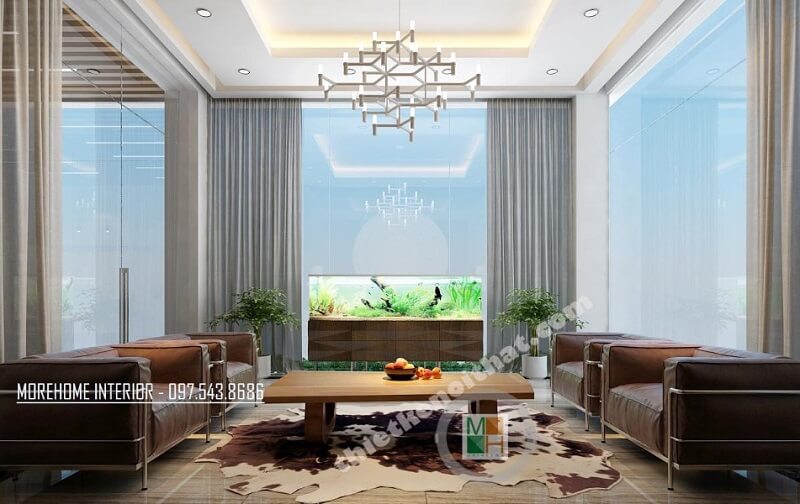 Mẫu thiết kế nội thất phòng khách biệt thự đẳng cấp với sự xuất hiện của bộ sofa bọc da cao cấp tạo điểm nhấn nổi bật cho căn phòng thiết kế biệt thự