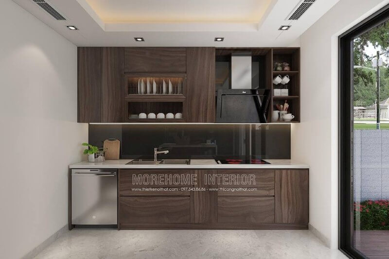 Tủ bếp chữ I có máy rửa bát được bố trí khá hợp lý trong không gian bếp hiện đại phù hợp mọi không gian. thiết kế biệt thự