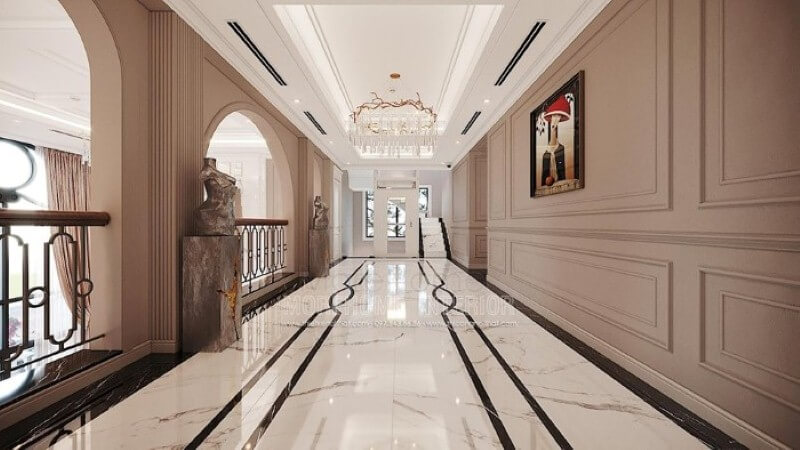 Ý tưởng thiết kế hành lang đẹp kết hợp độc đáo giữa đá lát nền, phào chỉ tường, đèn trang trí. thiết kế biệt thự