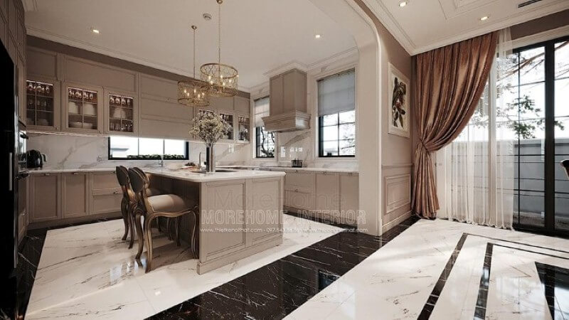 Mẫu tủ bếp đảo gỗ tự nhiên gam màu nâu nhạt kết hợp cùng đá ốp lát tạo nên vẻ đẹp nhẹ nhàng, thanh lịch nhưng không kém phần sang trọng tại biệt thự cao cấp Hải Phòng. thiết kế biệt thự