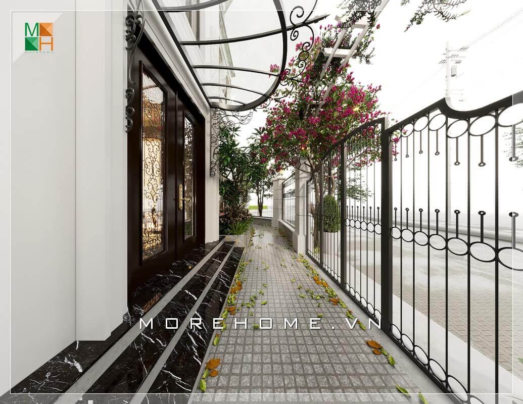 Ấn tượng với mẫu thiết kế lối đi hông nhà độc đáo, tinh tế với giàn hoa giấy khoe sắc hồng tươi tắn tô thêm vẻ đẹp quyến rũ cho biệt thự, nhà phố. thiết kế biệt thự