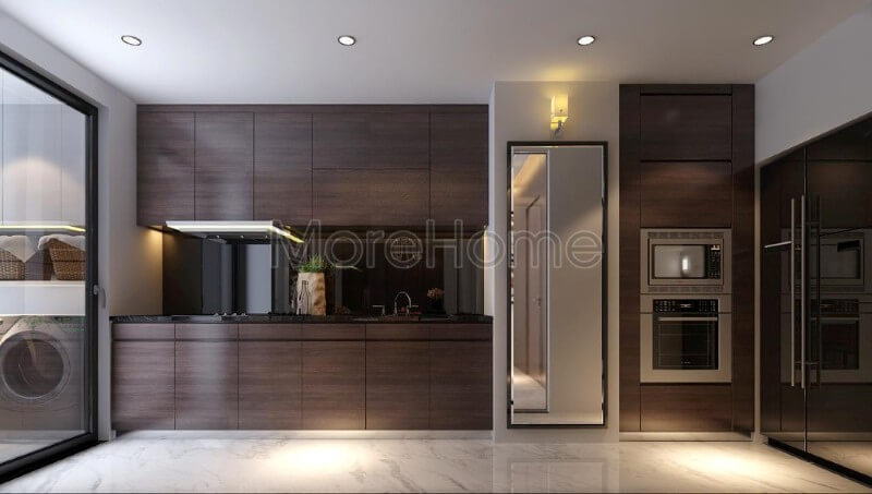 Hệ thống tủ bếp thiết kế đơn giản hóa, tối giản hóa mọi chi tiết trang trí mang lại sự linh hoạt mà vẫn mang tính tiện nghi cho người nội trợ Mẫu nội thất chung cư đẹp