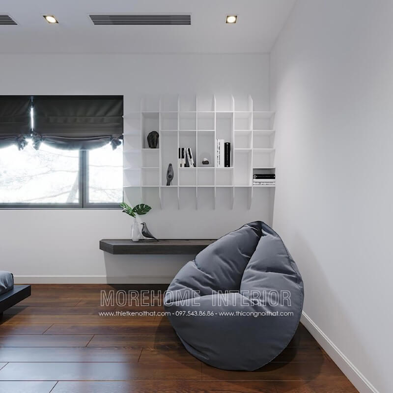 Kệ trang trí ốp tường sơn trắng đẹp, tạo góc nhìn độc đáo, tinh tế cho phòng ngủ. Thiết kế phòng ngủ nhà phố